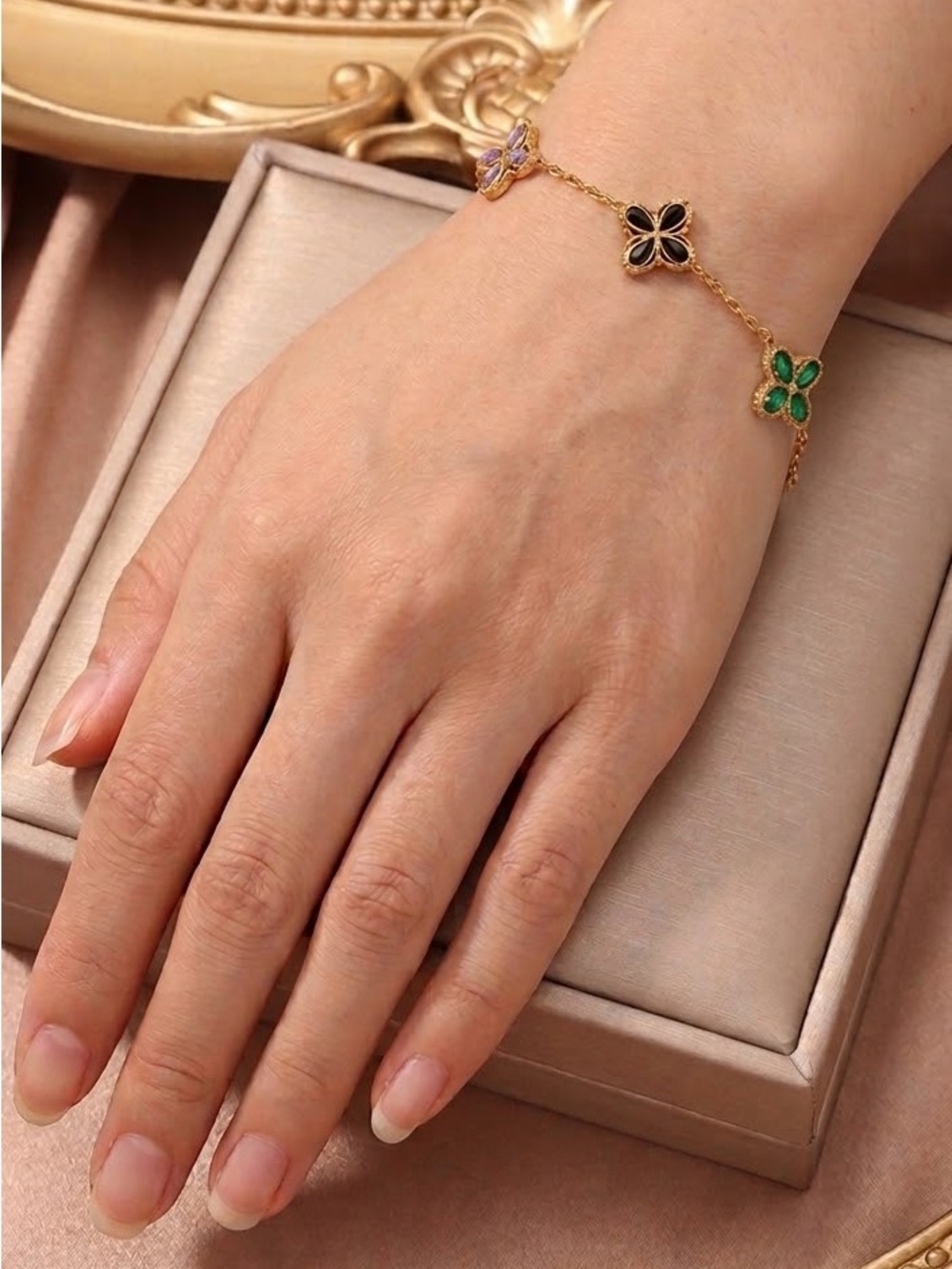 61: Stainless steel CZ multi color Clover Charm Bracelet